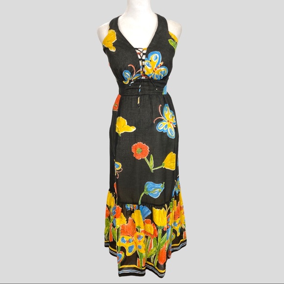 Vintage Dresses & Skirts - Vintage Black + Multicolor Floral Butterfly Halter Maxi Dress
